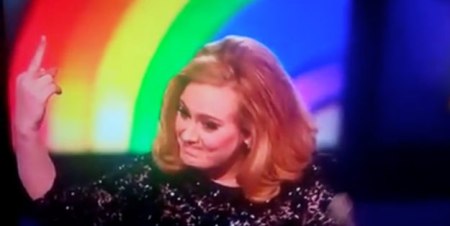 Adele giving the middle finger at The Brits